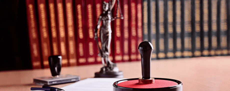Stamp and legal books on desk.